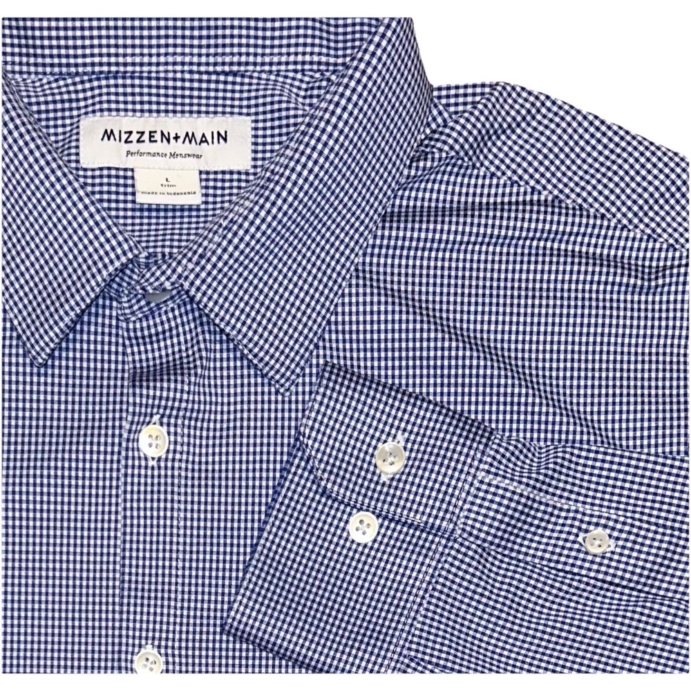 Mizzen + Main Spinnaker Shirt Sz L Trim Fit Button Up Gingham Blue Performance
